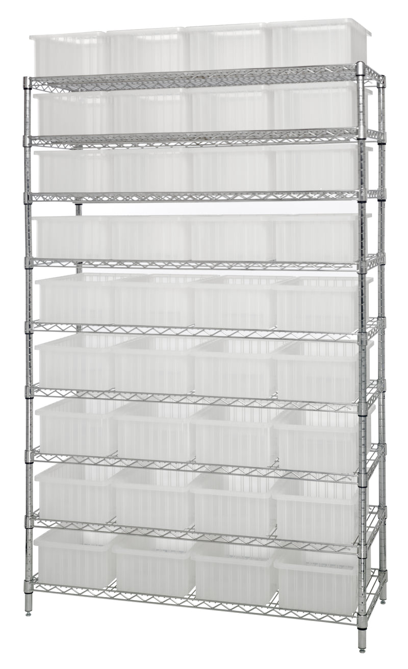 Quantum WR9-92060CL, 18"W 48"D 74"H Bin Wire Shelving System, Clear Containers, Chrome Plated Finish