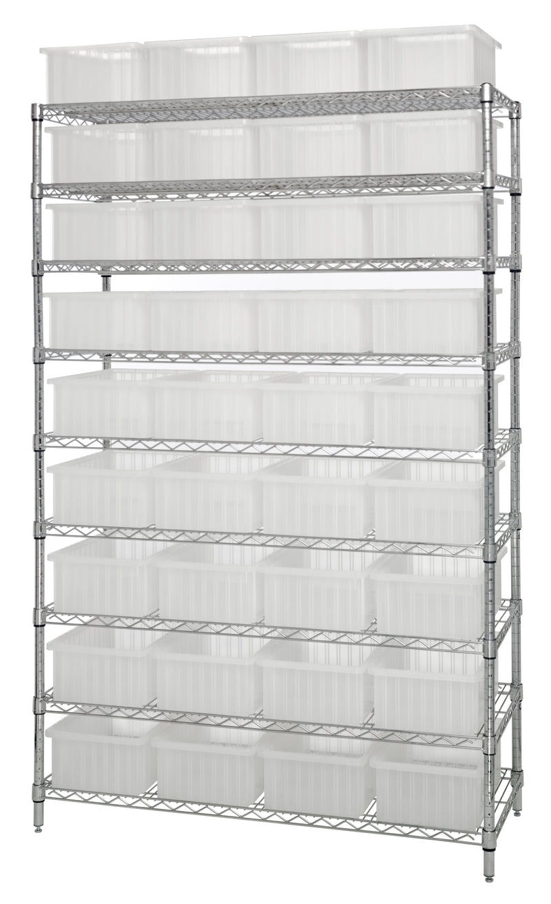 Quantum WR9-93060CL, 24"W 60"D 74"H Bin Wire Shelving System, Clear Containers, Chrome Plated Finish