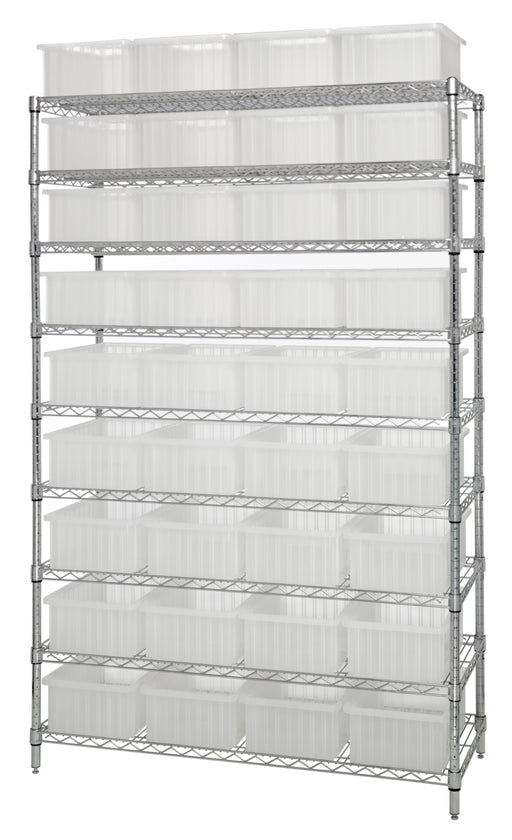 Quantum WR9-93060CL, 24"W 60"D 74"H Bin Wire Shelving System, Clear Containers, Chrome Plated Finish