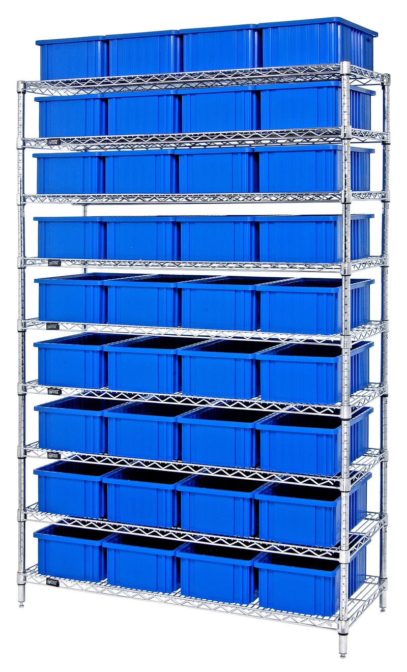 Quantum WR9-93060BL, 24"W 60"D 74"H Bin Wire Shelving System, Blue Containers, Chrome Plated Finish