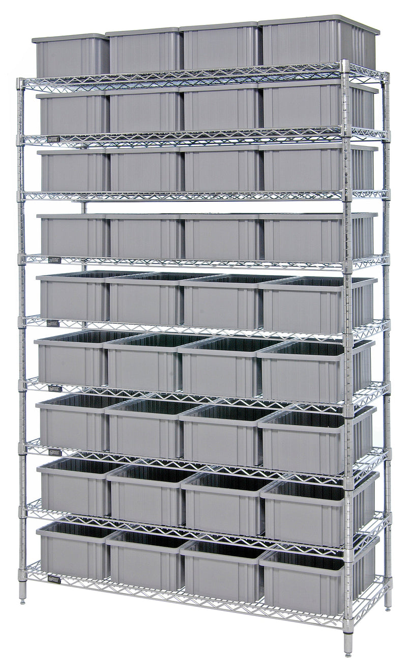 Quantum WR9-93060GY, 24"W 60"D 74"H Bin Wire Shelving System, Chrome Plated Finish