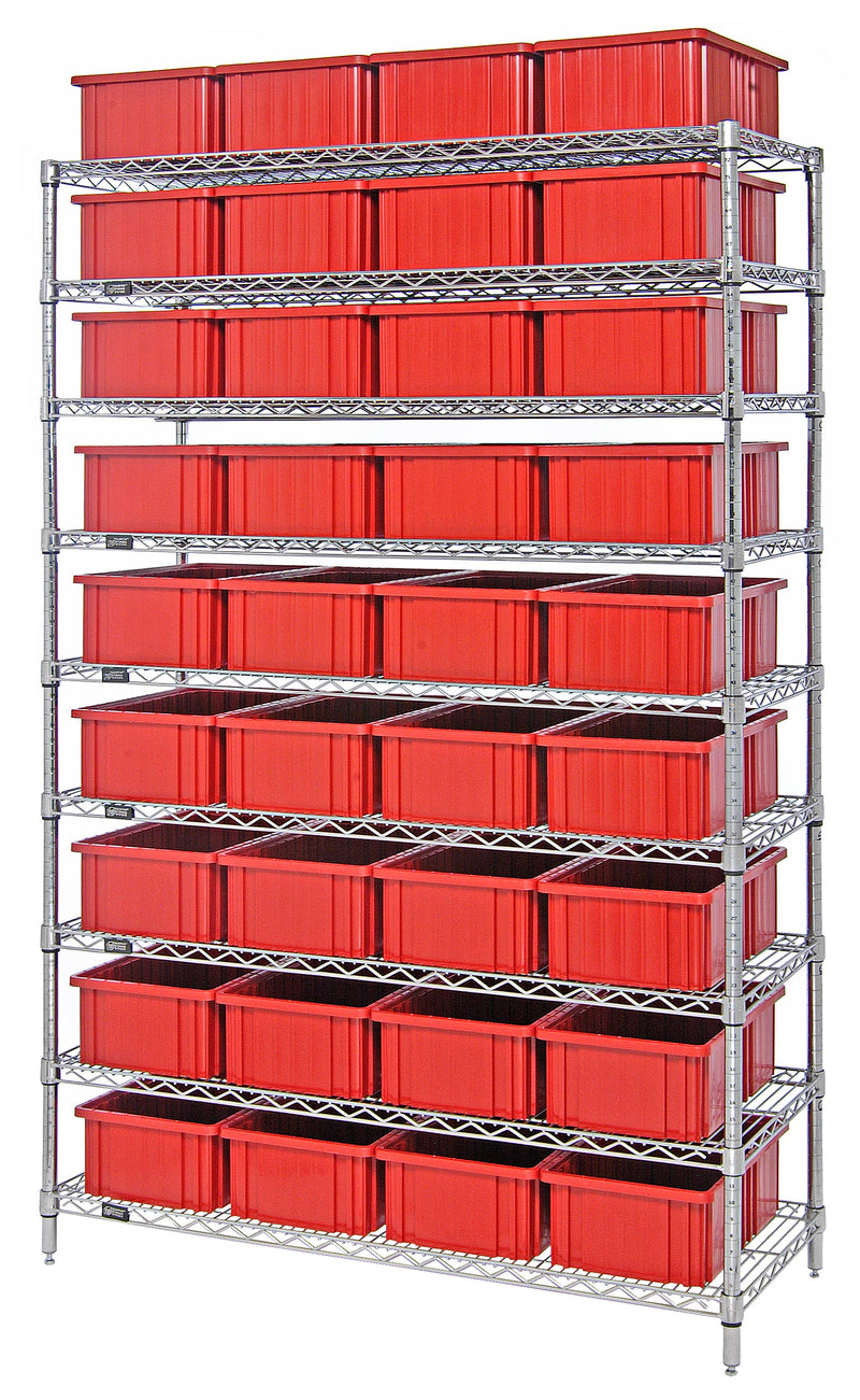 Quantum WR9-93060RD, 24"W 60"D 74"H Bin Wire Shelving System, Red Containers, Chrome Plated Finish