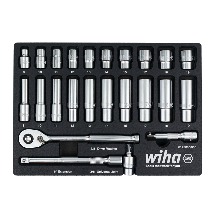 Wiha 33795 24 Piece 3/8" Drive Professional Standard and Deep Socket Tray Set - Metric