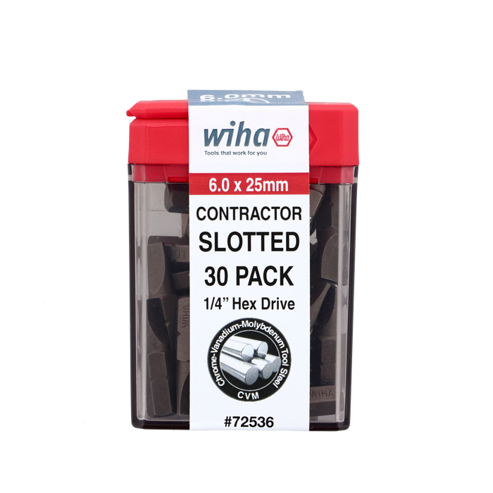 Wiha 72536 Slotted Contractor Insert Bit 6.0mm x 25mm - 30 Piece