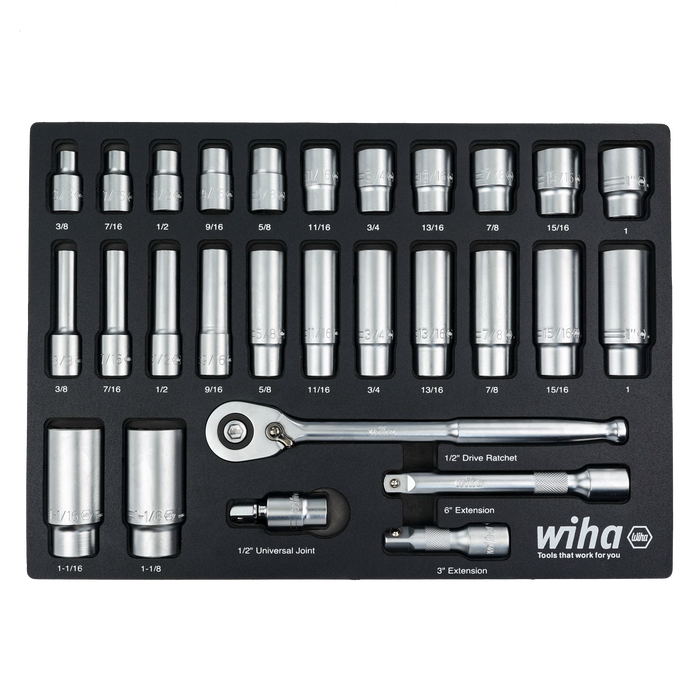 Wiha 33896 28 Piece 1/2" Drive Professional Standard and Deep Socket Tray Set - SAE