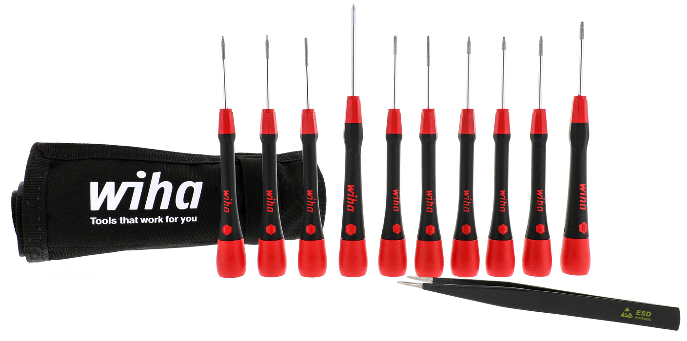 Wiha 26198 11 Piece PicoFinish Precision Screwdriver and Tweezers Smartphone Technician Set with Roll Pouch