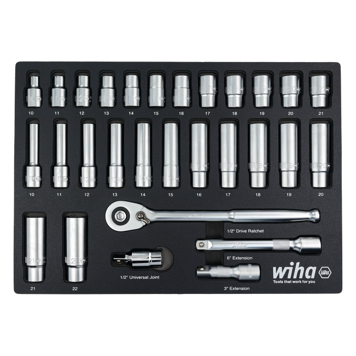 Wiha 33895 29 Piece 1/2" Drive Professional Standard and Deep Socket Tray Set - Metric