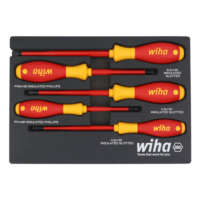 Wiha 32081 5 Piece Insulated SoftFinish Cushion Grip Screwdriver Tray Set