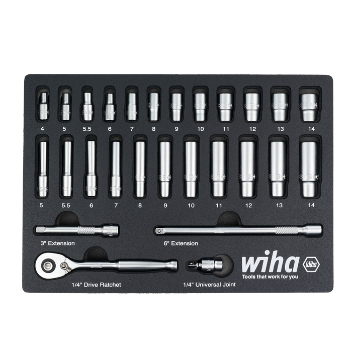 Wiha 33395 27 Piece 1/4" Drive Professional Standard and Deep Socket Tray Set - Metric