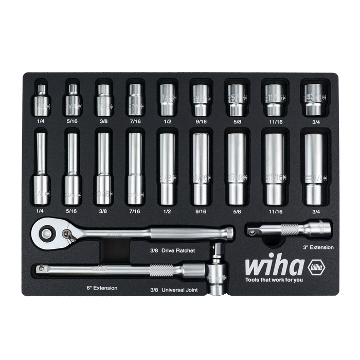 Wiha 33796 22 Piece 3/8" Drive Professional Standard and Deep Socket Tray Set - SAE