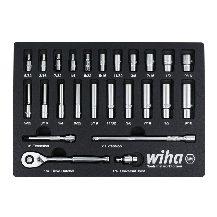 Wiha 33396 25 Piece 1/4" Drive Professional Standard and Deep Socket Tray Set - SAE